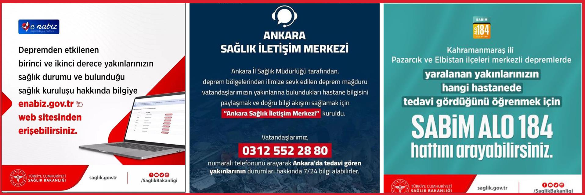 Deprem Mağduru Vatandaşlarımız İçin “Ankara Sağlık İletişim Merkezi” kuruldu. 